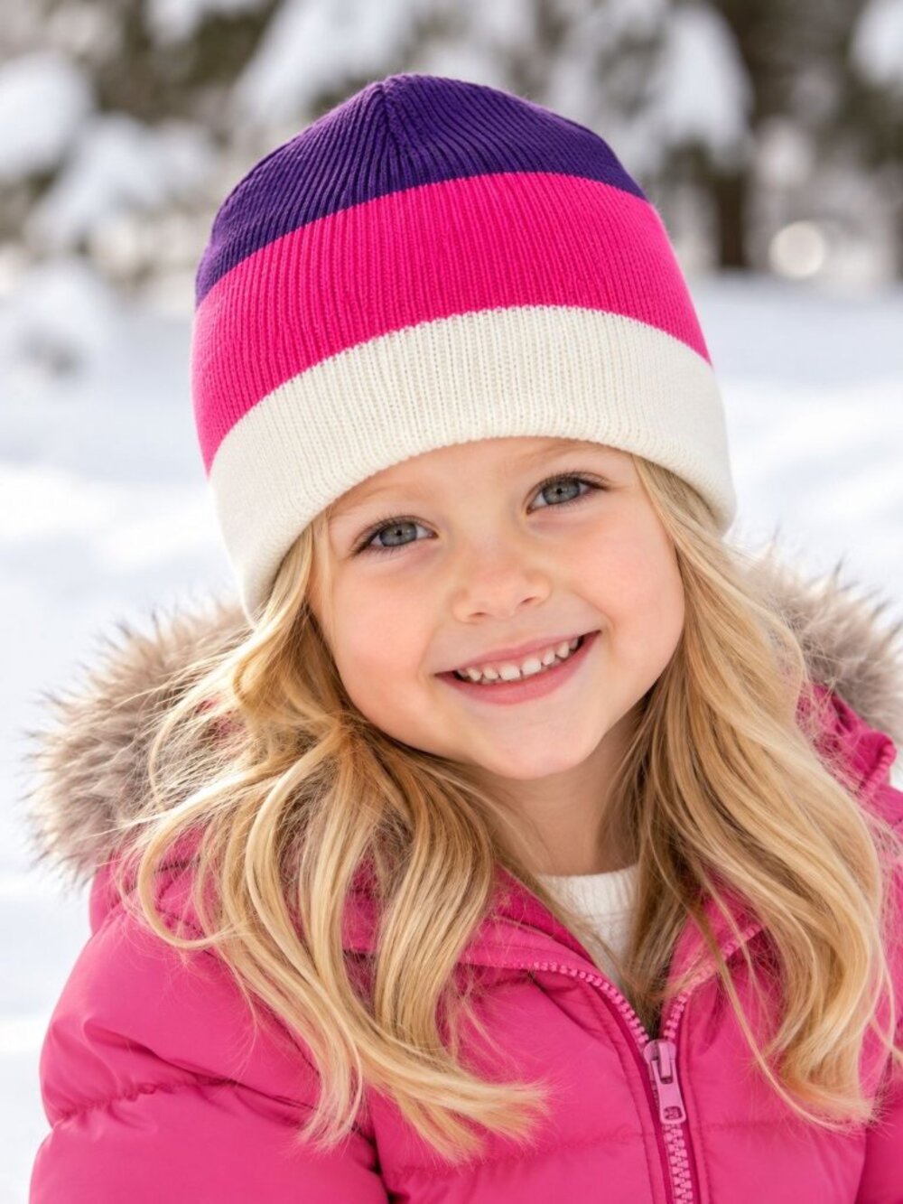 Girls Striped Purple Pink White Purple Knit Beanie Hat Kids Winter Knit One Size